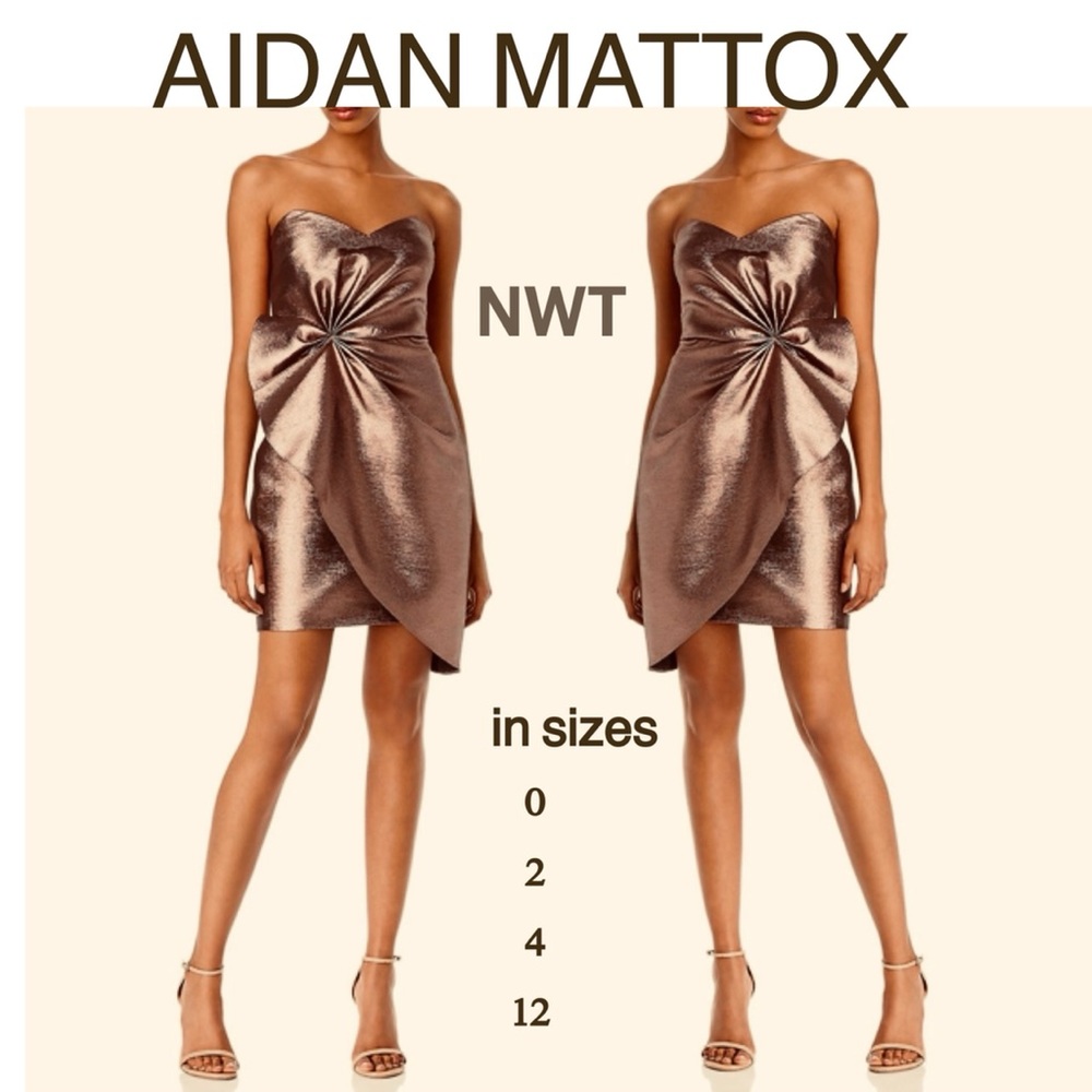 NWT (2)(4)(12)bronze rose AIDAN MATTOX satin sheen high low mini formal bow